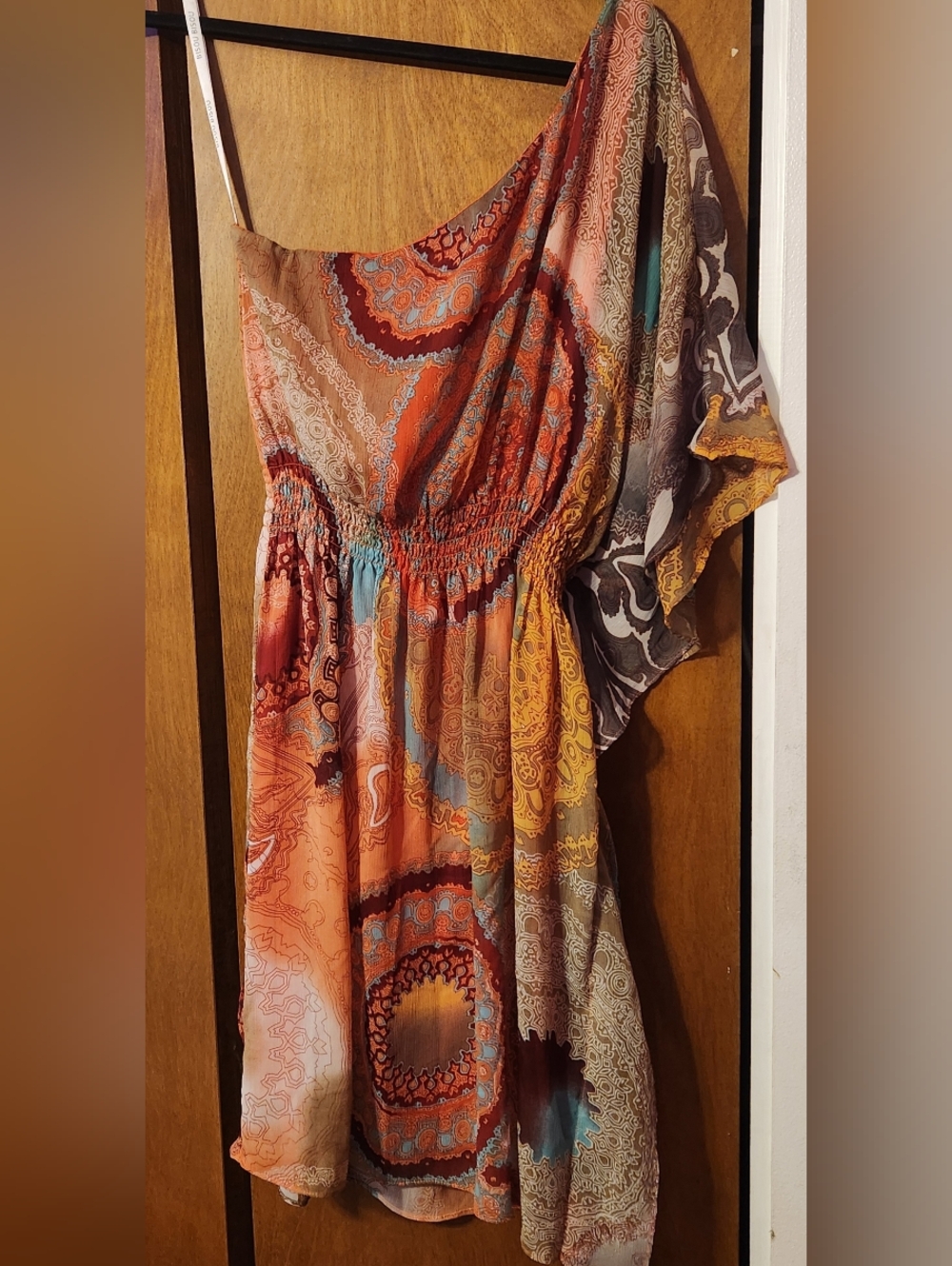 Boho One-Shoulder Orange Paisley Print Dress